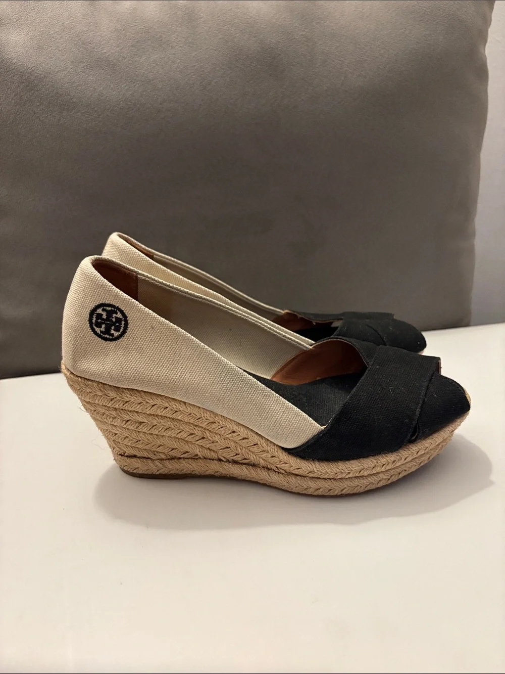 Tory Burch Black and Cream Canvas Peep-Toe Espadrille Wedges